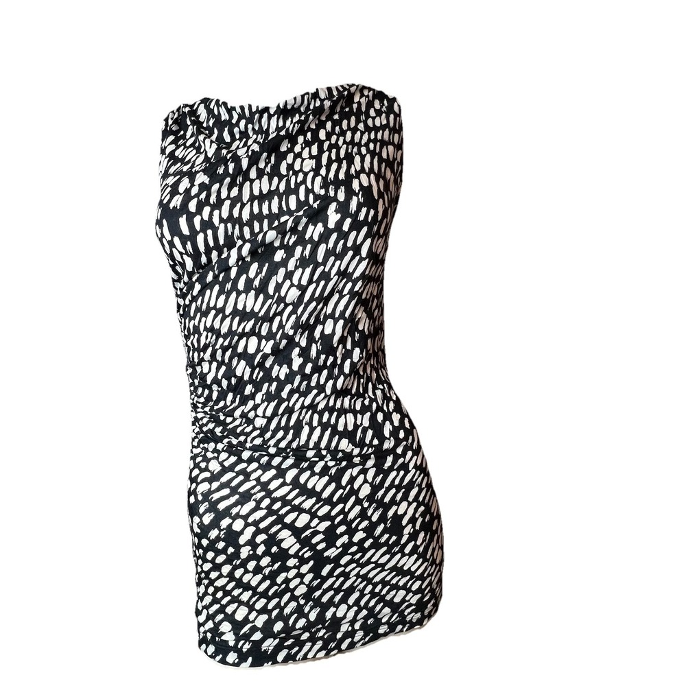 Ann Taylor Fitted Sleeveless High Neck‎ Blouse Tank Top Ruched Black and White M